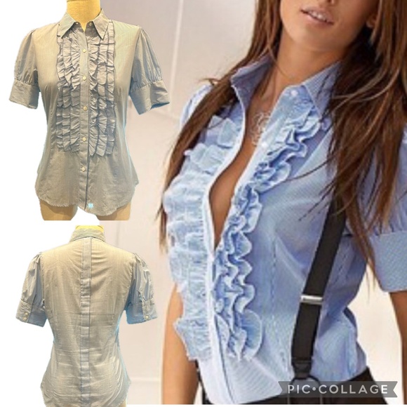 Pixie Hopkins Blue & White Striped Ruffle Front Button Down  Blouse – Size S - Picture 1 of 11